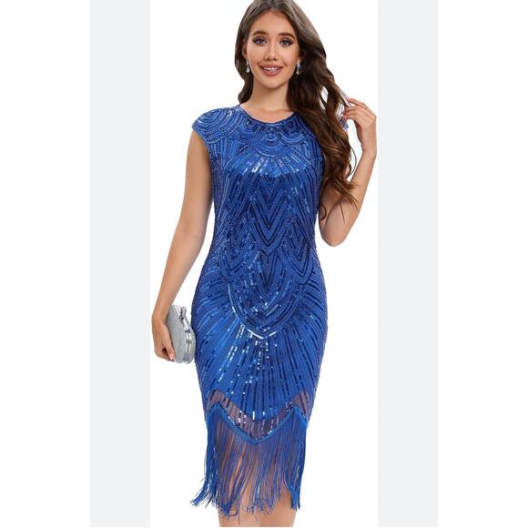 Fundaisy 1920s Flapper Fringe Blue Sequin Dress - Picture 1 of 12
